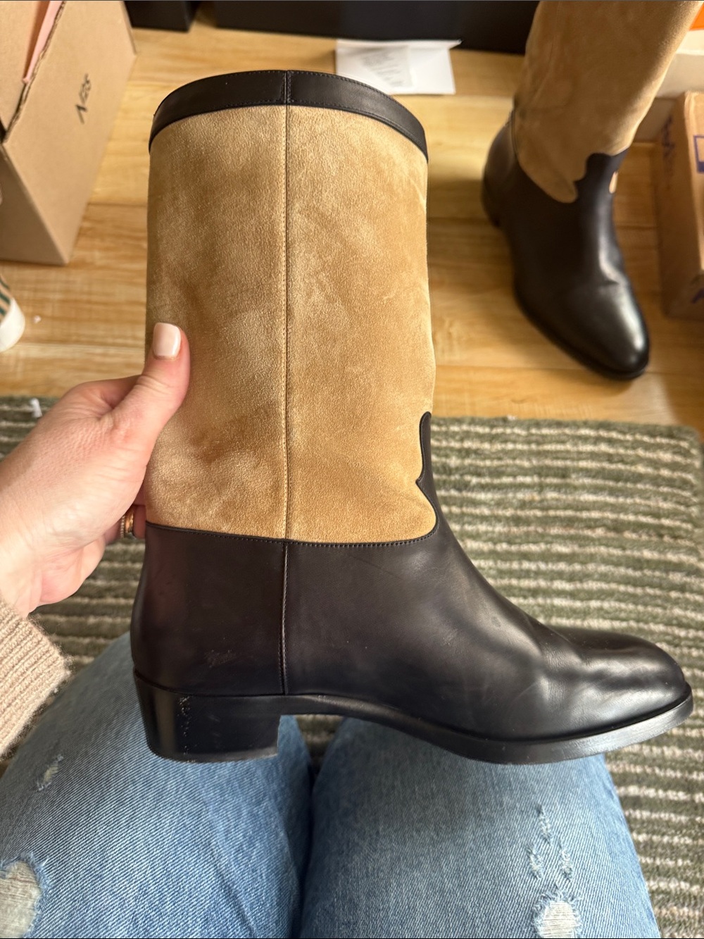 CHANEL Two-Tone Black Leather and Beige Suede Mid-Calf Lace-Up Boots - Picture 9 of 14
